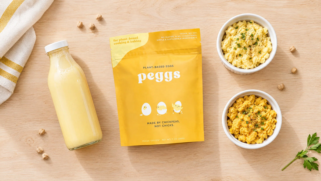Flat lay of the real Peggs pouch alongside other plant-based egg alternative products and scrambled samples