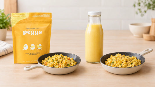 The real Peggs pouch next to a skillet of scrambled Peggs, beside a bottle of refrigerated liquid plant-based egg alternative
