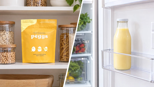 The real Peggs pouch on a pantry shelf next to a refrigerator holding a bottle of liquid plant-based egg alternative